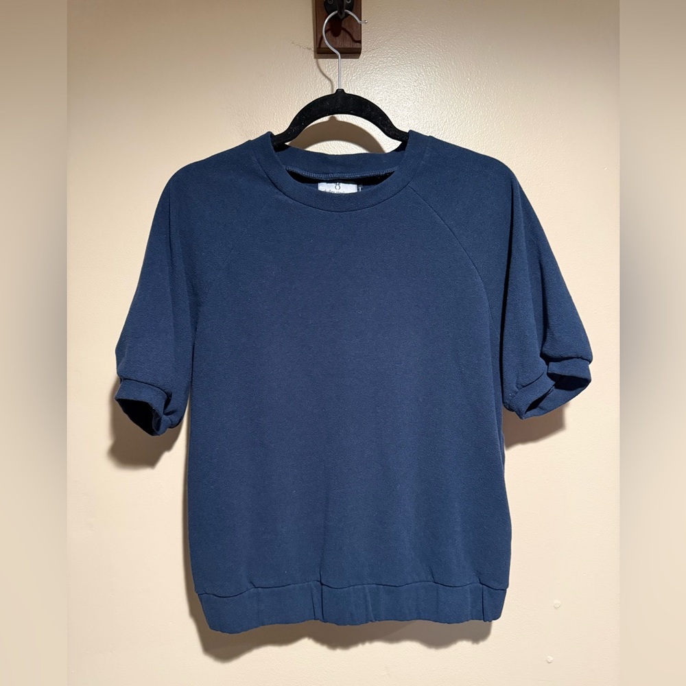 Dudley Stephens Womens small Pullover Sweatshirt Navy Blue Short Sleeves Boxy